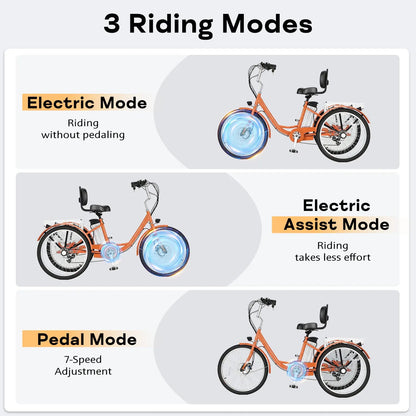 EROMMY Electric Trike for Adults,Peak 500W Brushless Motor, E-Trike with 24" x 2" Tires, Removable Battery, Charger,Step-Thru 3-Wheel Electric Bicycle, Up to 55 Miles Range, 15.5MPH+ Speed, Orange