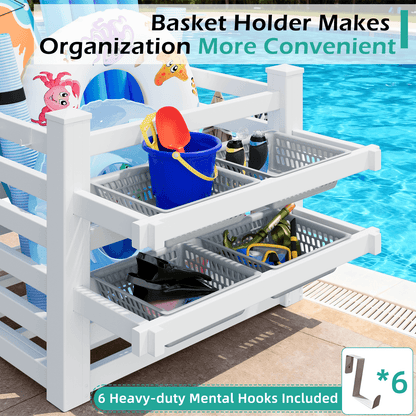 EROMMY 64" W x 46" L x 38" H Pool Storage Organizer with Hooks, Waterproof Float Storage Bin, White