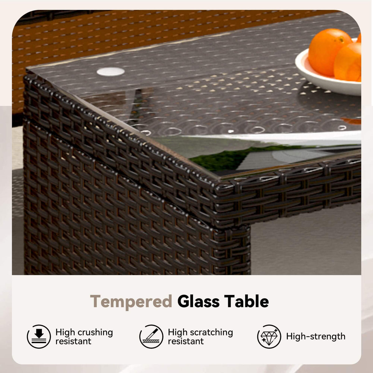 EROMMY 3 Piece Outdoor Patio Furniture Set, All-Weather PE Rattan Sofa Set with Glass Table & Cushions, Khaki