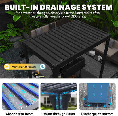 8x10 Louvered Pergola, Aluminum BBQ Pergola, Hardtop Gazebo for Outdoor Grill, Adjustable Rainproof Roof, Pergolas for Patio, Black
