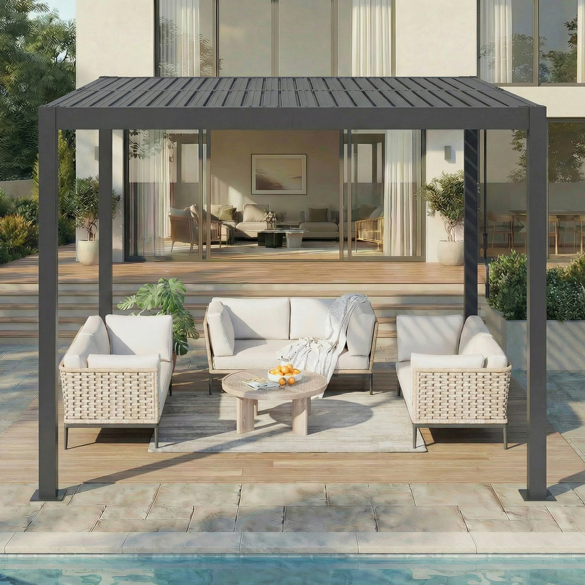 EROMMY 10' x 10' Outdoor Pergola with Adjustable Louvered Roof & Integrated Drainage, Black