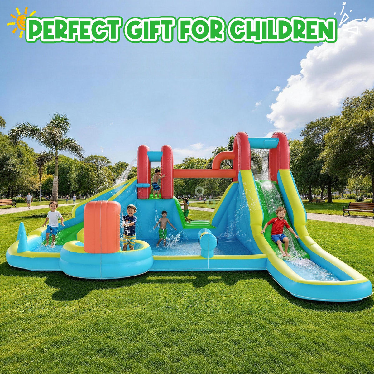 EROMMY Inflatable Water Slide,10 in 1 Double Water Slide Bounce House for Kids 3-12 with Blower, Splash Pool, Water Cannon, Climbing Wall, Basketball Hoop for Kids Indoor Outdoor Backyard