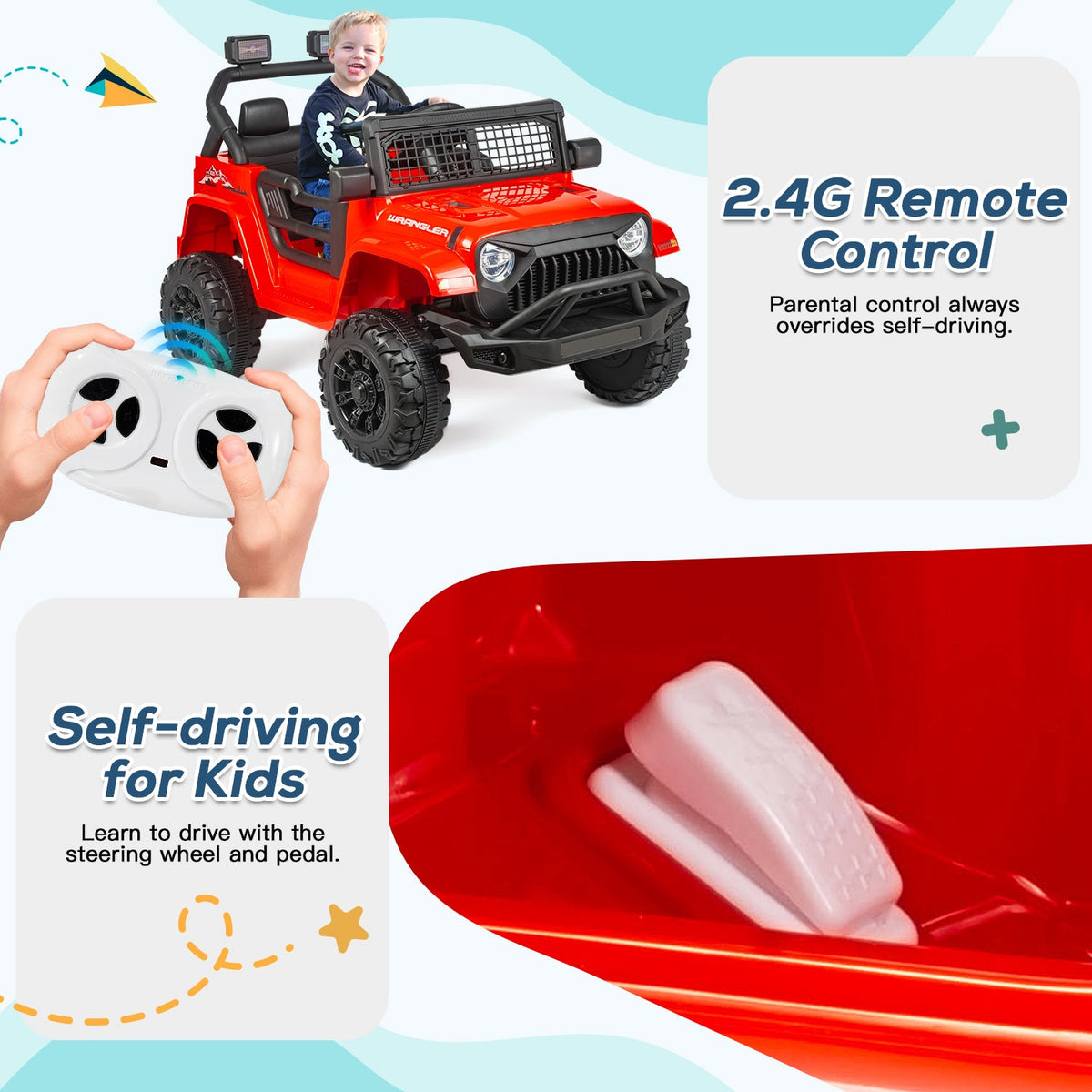 EROMMY 12V Kids Electric Ride On Truck with Remote Control, Safety Belt, Music, Lights and Suspension, Red