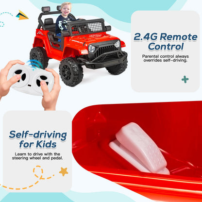 EROMMY 12V Kids Electric Ride On Truck with Remote Control, Safety Belt, Music, Lights and Suspension, Red