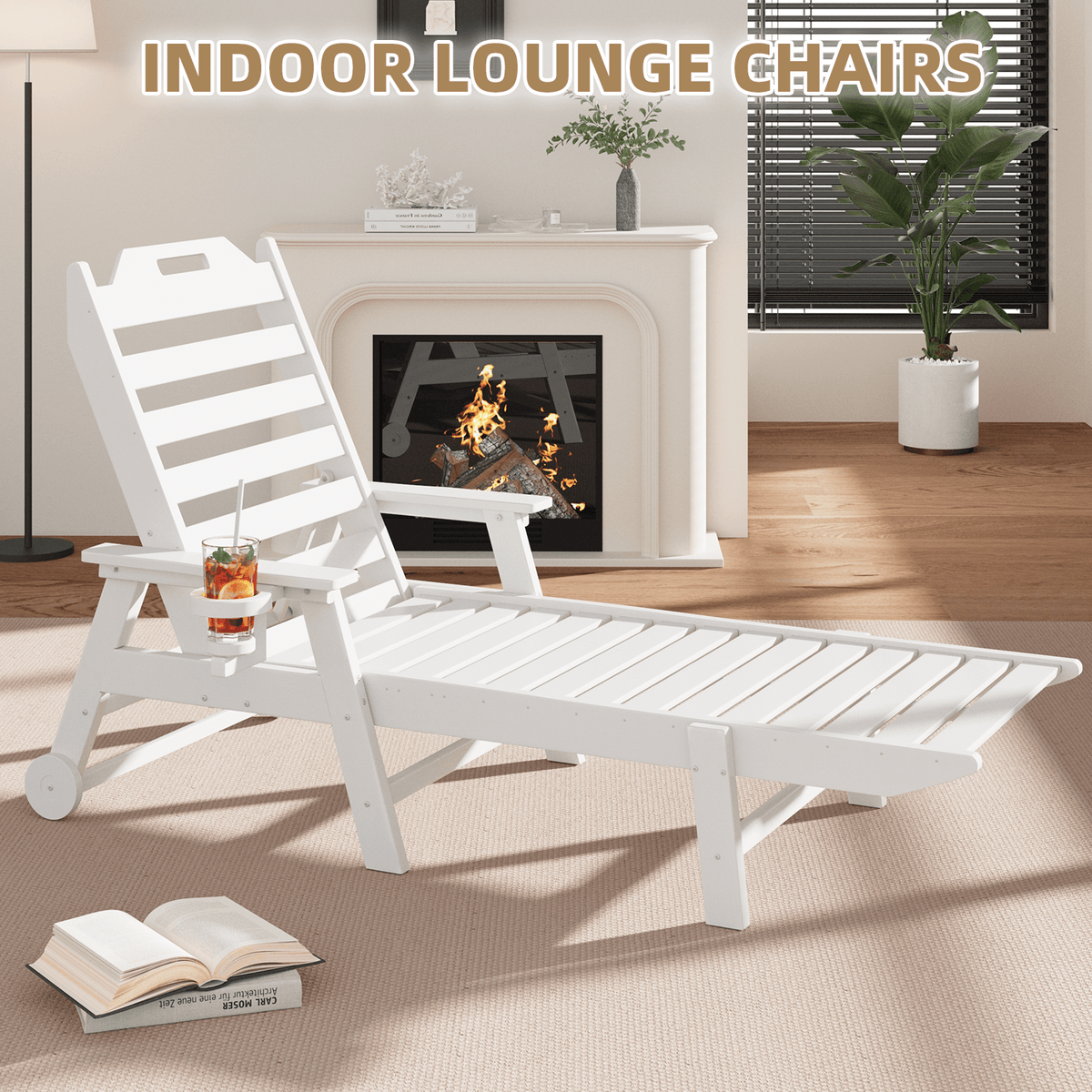EROMMY 24" W Oversized Chaise Lounge Chairs Set of 2, Adjustable HDPE Outdoor Chairs with Wheels & Cup Holder, White