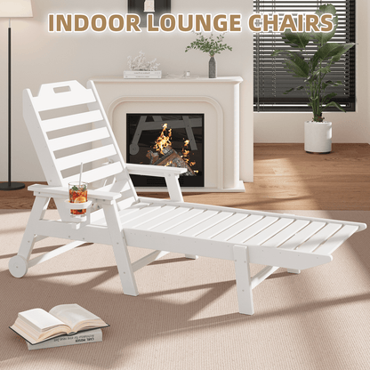 EROMMY 24" W Oversized Chaise Lounge Chairs Set of 2, Adjustable HDPE Outdoor Chairs with Wheels & Cup Holder, White