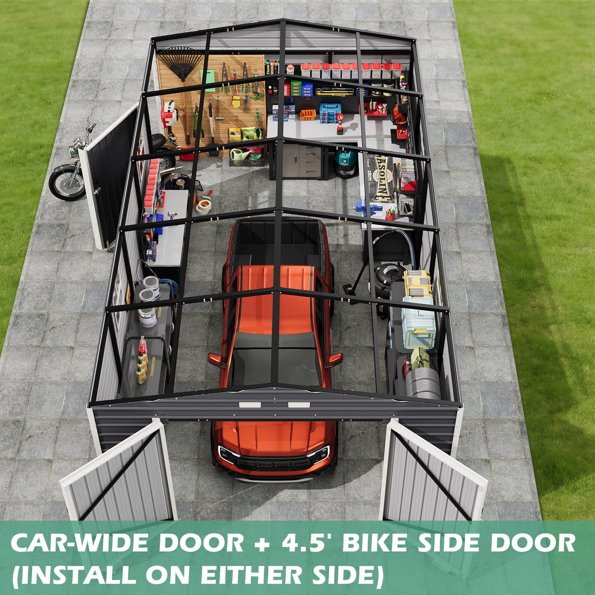 EROMMY 14x24 FT Heavy Duty Carport - Galvanized Steel Frame Car Shelter with Reinforced Base, Enclosed Storage Shed for Cars & Trucks, Grey