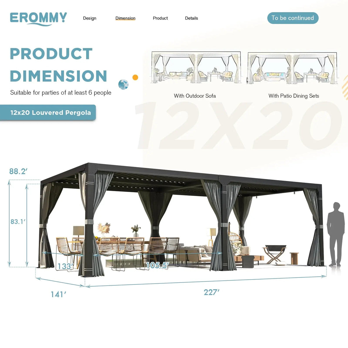 EROMMY 12x20 Freestanding Pergola with Louvered Roof, Dark Grey