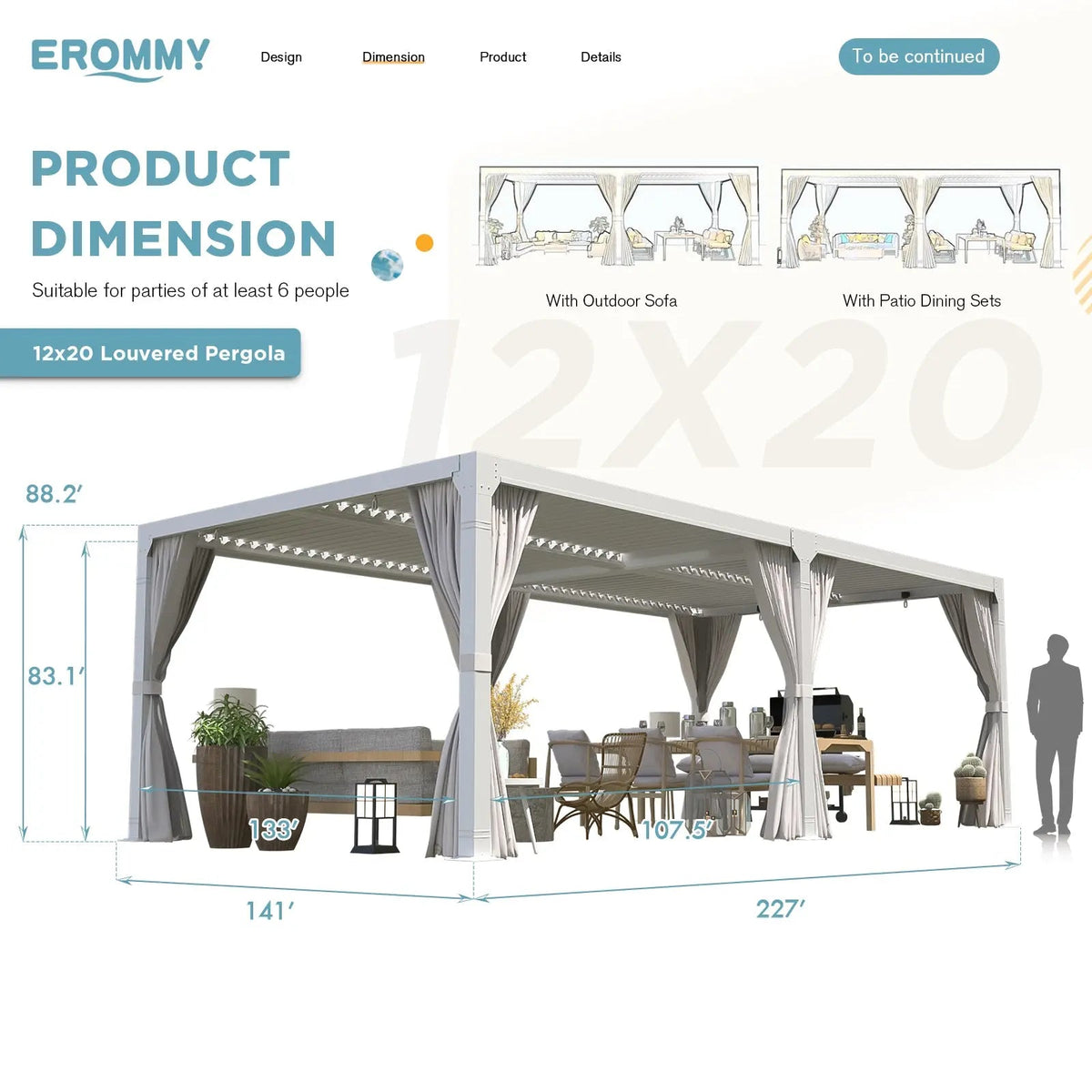 EROMMY 12x20 Freestanding Aluminum Pergola with Louvered Roof, White
