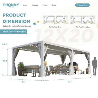 EROMMY 12x20 Freestanding Aluminum Pergola with Louvered Roof, White