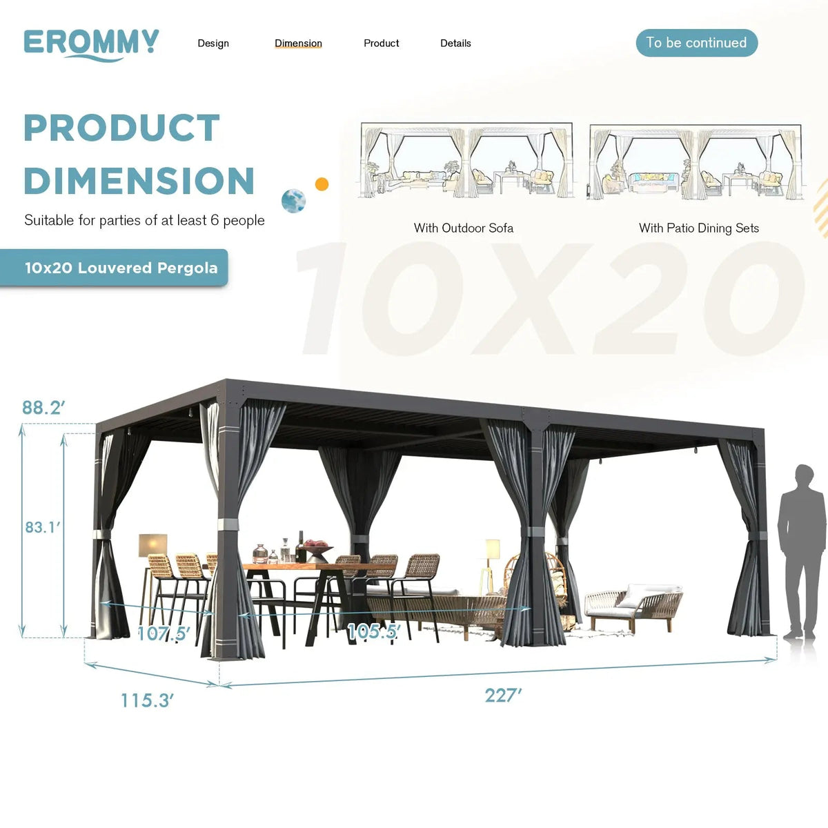 EROMMY 10x20 Metal Louvered Pergola with Outdoor Curtains (Dark Grey)