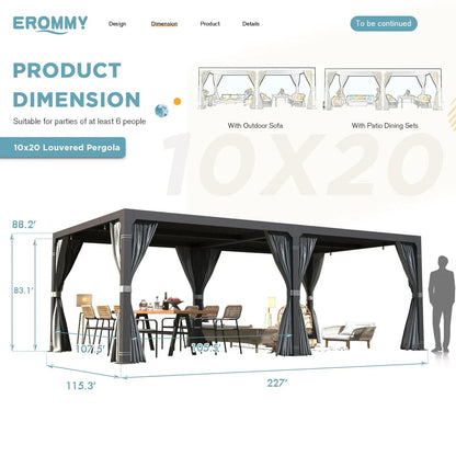 EROMMY 10x20 Metal Louvered Pergola with Outdoor Curtains, Dark Grey