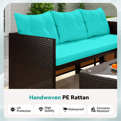 EROMMY 3 Piece Outdoor Patio Furniture Set, All-Weather PE Rattan Sofa Set with Glass Table & Cushions, Blue