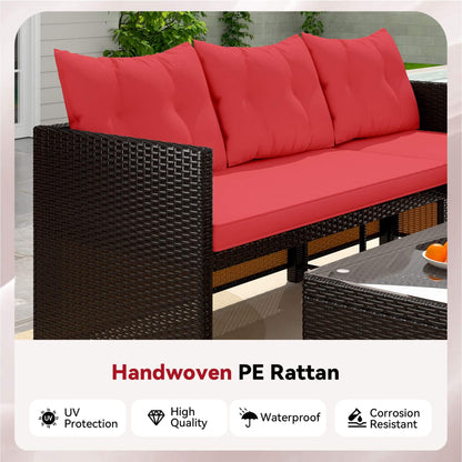 EROMMY 3 Piece Outdoor Patio Furniture Set, All-Weather PE Rattan Sofa Set with Glass Table & Cushions, Red