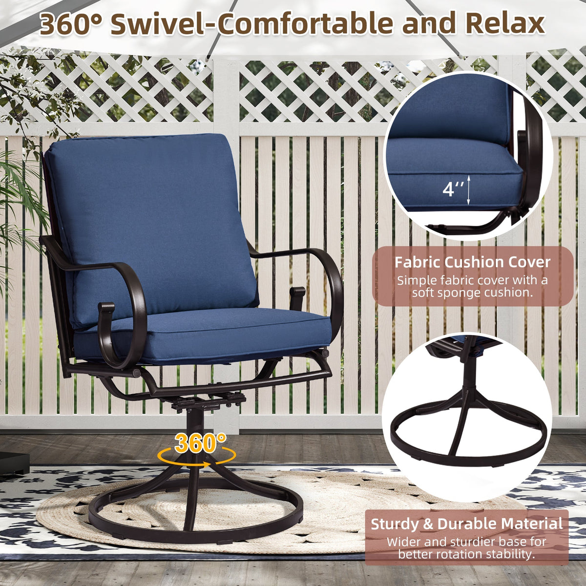 Erommy  Patio Swivel Chair Set of 4, Outdoor Dining Chairs with Cushions, Blue