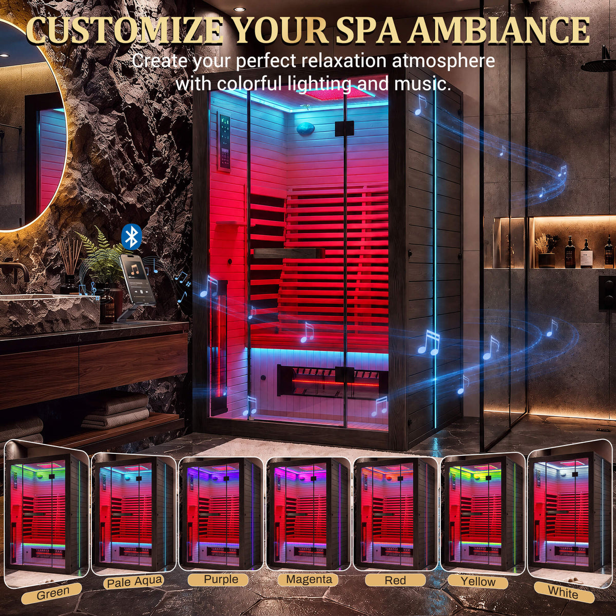 EROMMY 2 Person Infrared Sauna with Red Light Therapy, 360° Fast Heating, 7-Color LED & Bluetooth, Adjustable Seat, Black