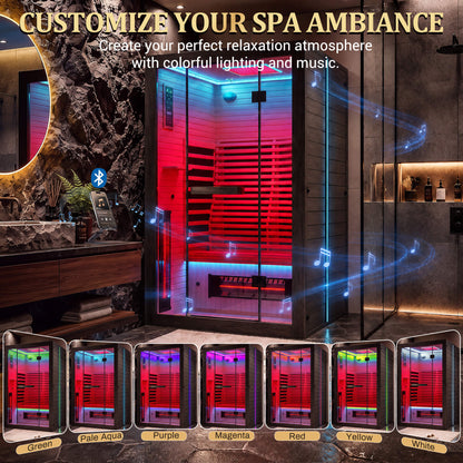 EROMMY 2 Person Infrared Sauna with Red Light Therapy, 360° Fast Heating, 7-Color LED & Bluetooth, Adjustable Seat, Black