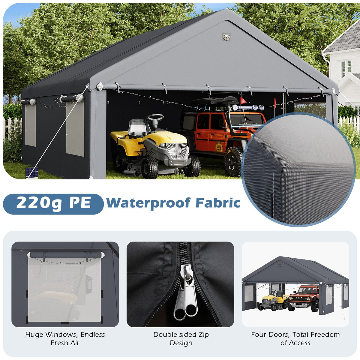 EROMMY 20x20 FT Heavy Duty Durable Carport, Galvanized Steel Frame Garage Shelter and Outdoor Storage, Waterproof 3-Layer PE Cover, Fits 2 Cars, Boat, Farm Equipment, Dark Gray