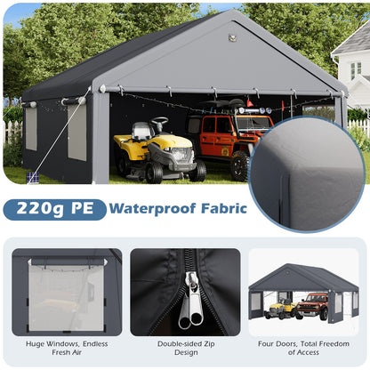 EROMMY 20x20 FT Heavy Duty Durable Carport, Galvanized Steel Frame Garage Shelter and Outdoor Storage, Waterproof 3-Layer PE Cover, Fits 2 Cars, Boat, Farm Equipment, Dark Gray