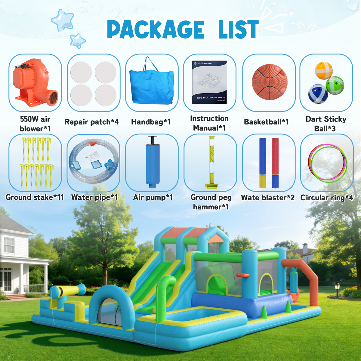 EROMMY Inflatable Bounce House, Bouncy House with Double Water Slide, Inflatable Bouncy Castle Water Bounce House with Blower, Climbing Wall, Jumping, Splash Pool for Kids Indoor Outdoor