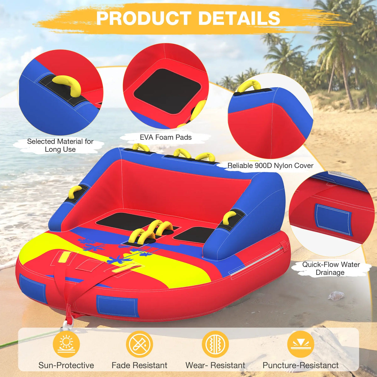 EROMMY 2-Person Towable Tubes for Boating with Towable Rope, Couch Reversible Boat Tube, Padded Bolster Guard Handles & Quick-Connect Tow Point