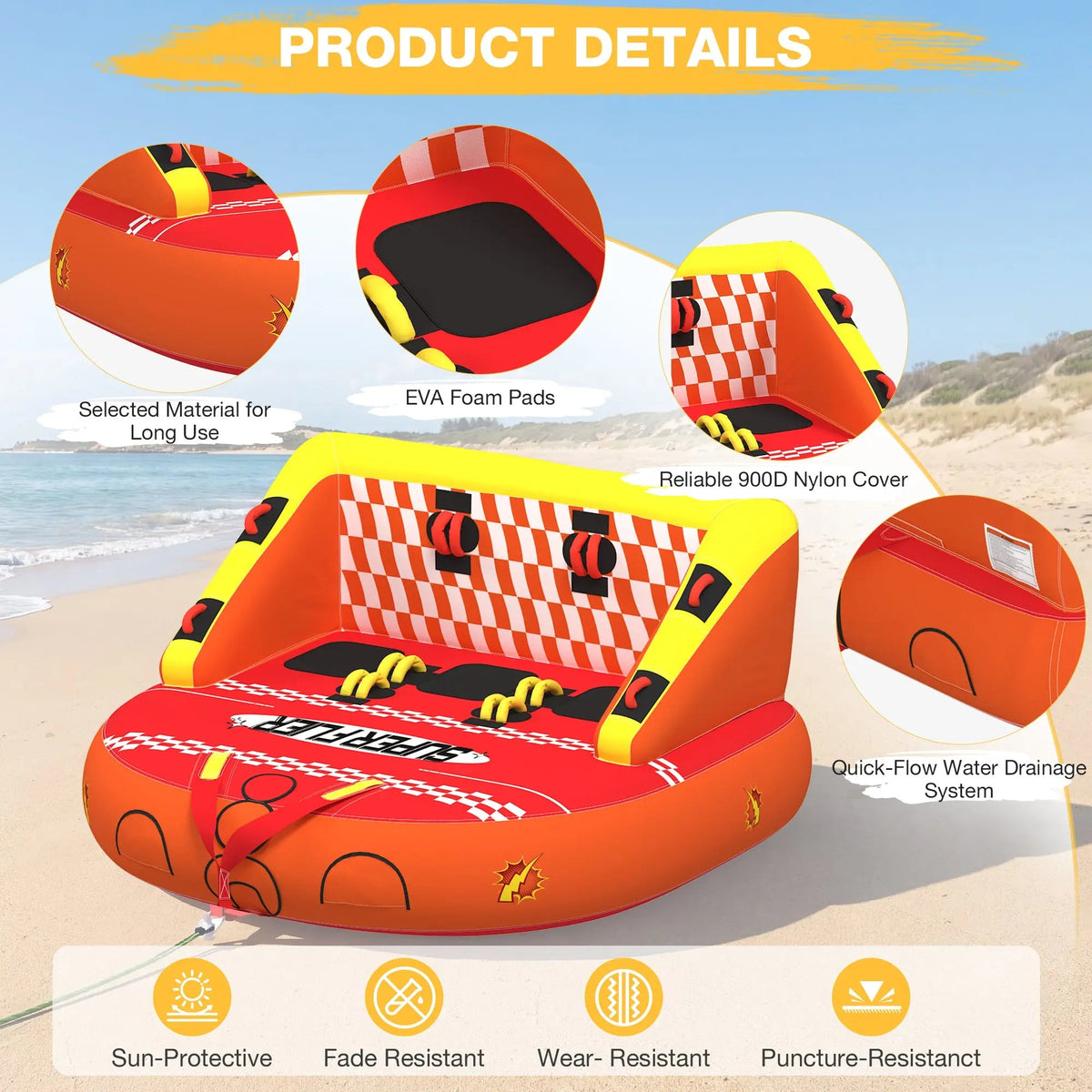 EROMMY 3-Person Towable Tubes for Boating, Front/Back Tow Points Sofa Couch Style Boat Tubes