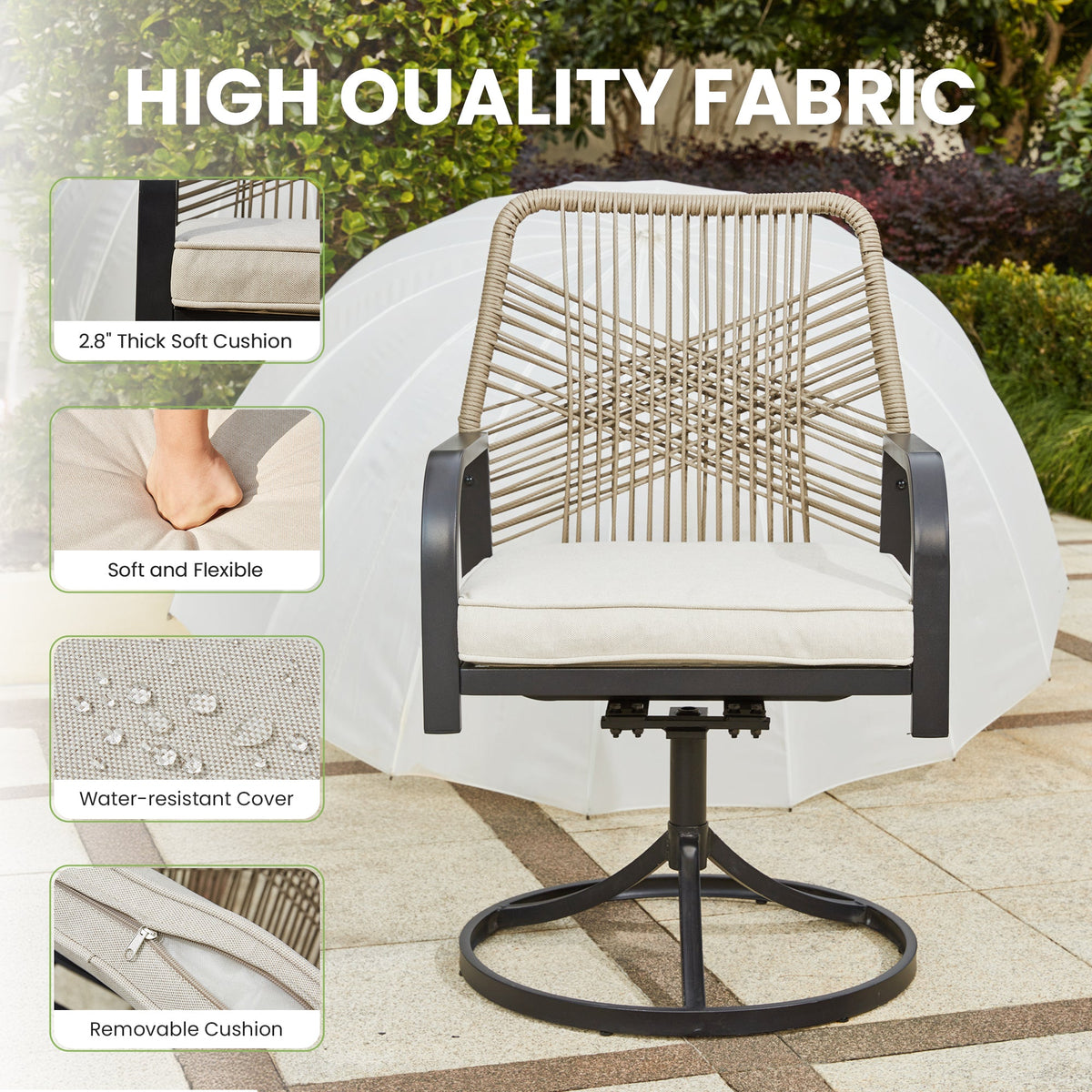 EROMMY Swivel Patio Chairs Set of 4, Outdoor Rattan Dining Chairs with Thickened Cushions, Beige