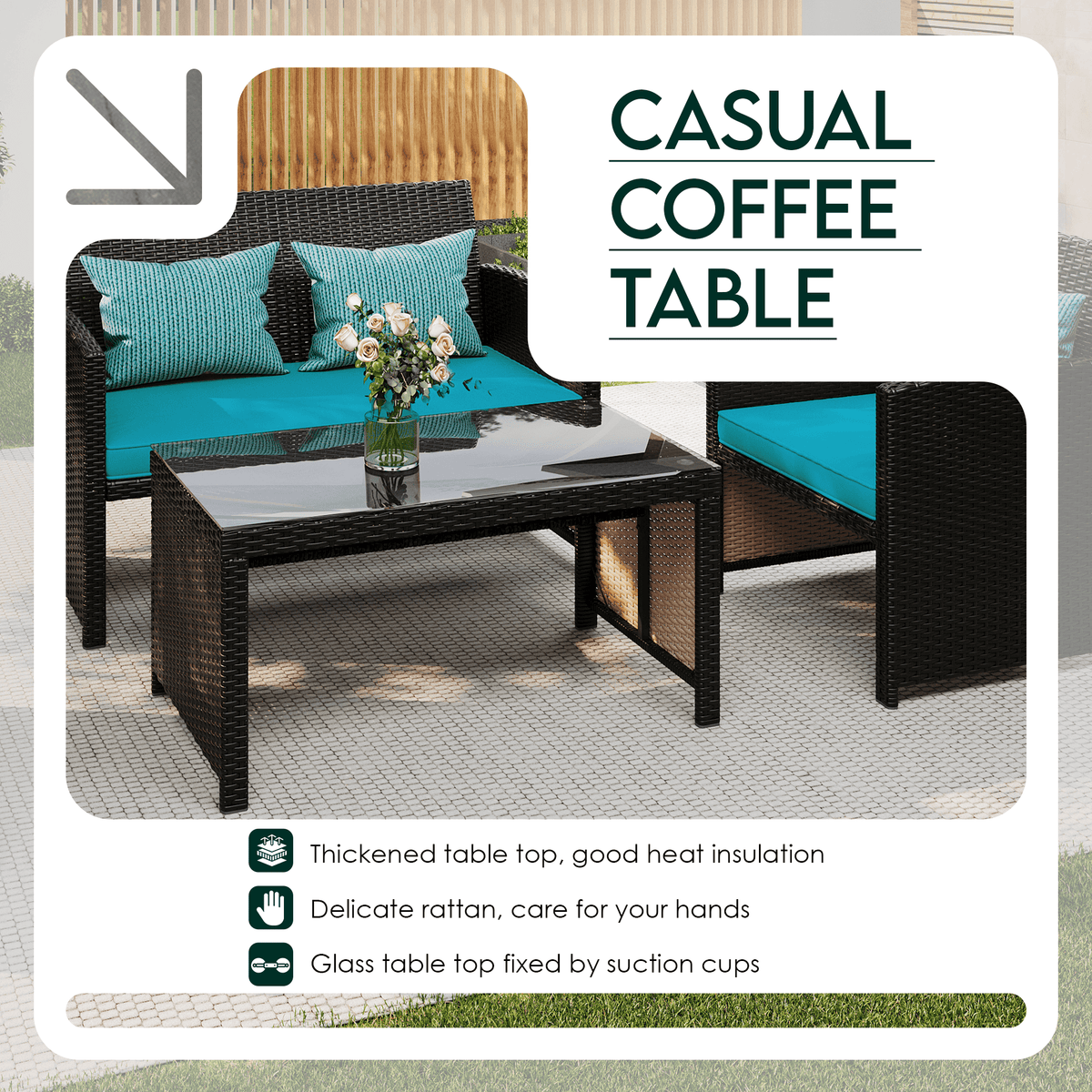 EROMMY 4-Piece Patio Furniture Set, Outdoor Wicker Patio Conversation Set with Cushions, Sofa & Glass Coffee Table, Blue