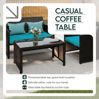 EROMMY 4-Piece Patio Furniture Set, Outdoor Wicker Patio Conversation Set with Cushions, Sofa & Glass Coffee Table, Blue