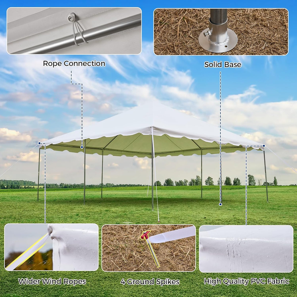 EROMMY 20x20ft Pole Party Tent, Heavy Duty Outdoor Canopy with Carry Bags, Large White Event Tent