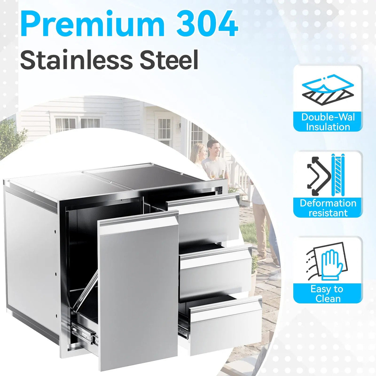EROMMY Outdoor Kitchen Drawer and Trash Bin Combo - 28"Wx20"Dx23"H Built-in 304 Stainless Steel Cabinet with Triple Drawers & Pull-Out Trash Drawer, Silver