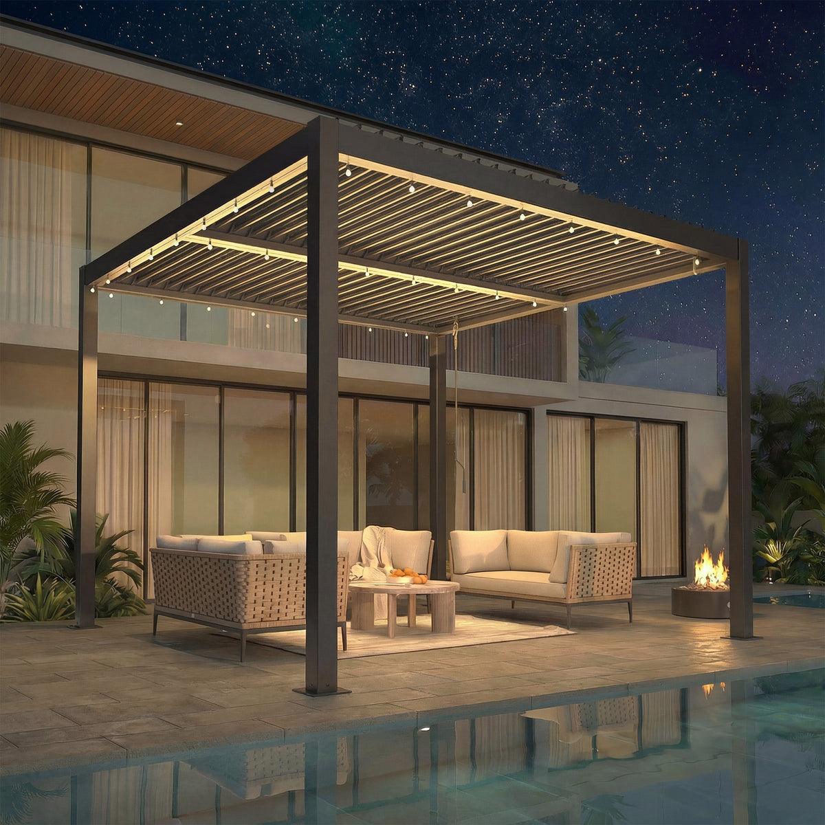 EROMMY 10' x 10' Outdoor Pergola with Adjustable Louvered Roof & Integrated Drainage, Black