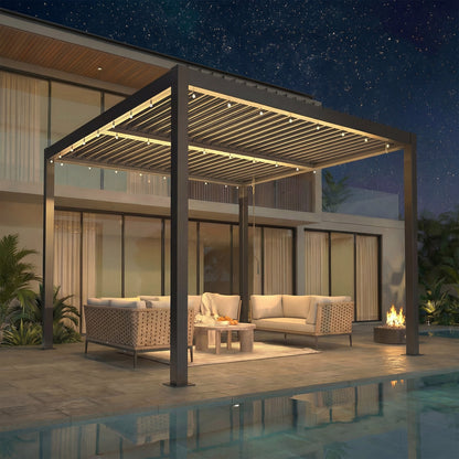 EROMMY 10' x 10' Outdoor Pergola with Adjustable Louvered Roof & Integrated Drainage, Black