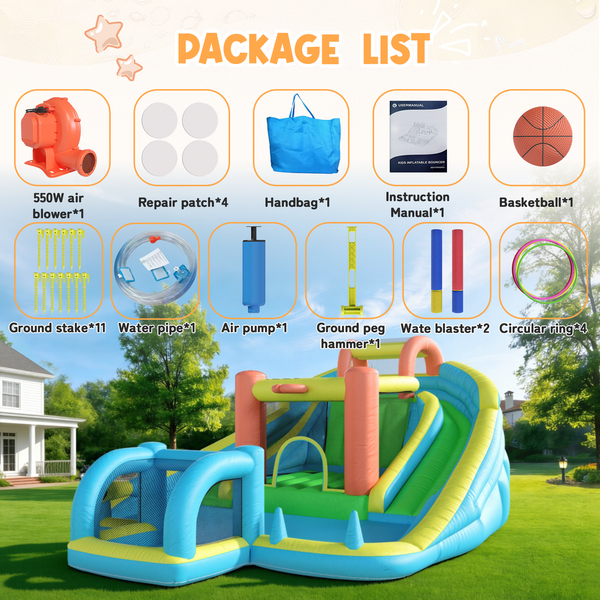 EROMMY Inflatable Bounce House with Double Slide, Bouncy Castle for Kids 3-12 with Blower, Water Cannon, Football Net, Jumping, Climbing Wall, Basketball Hoop, Backyard Water Park for Kids