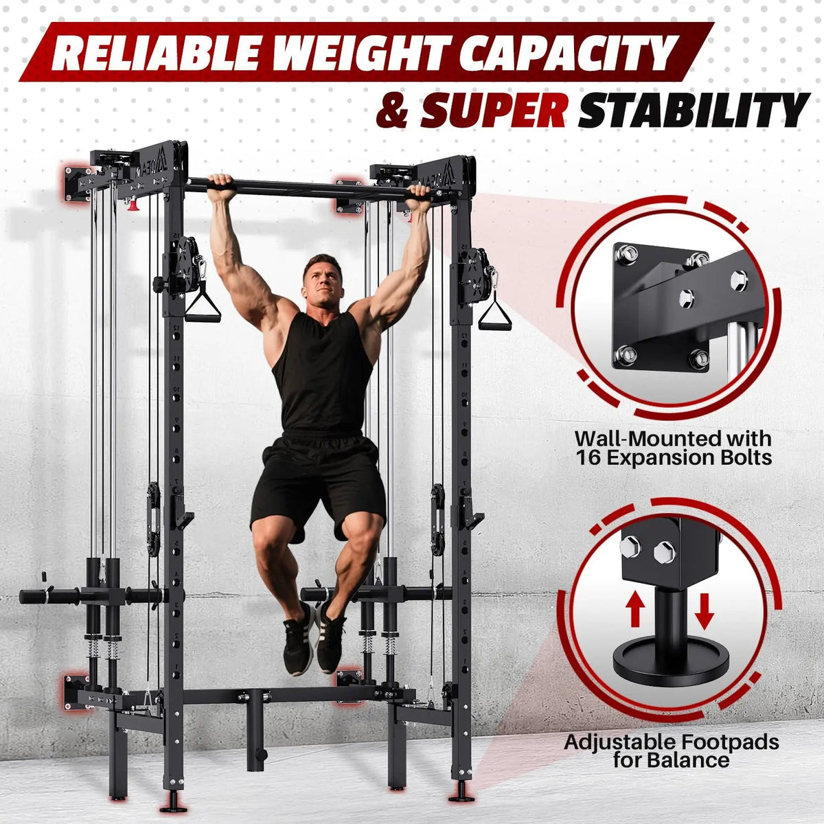 EROMMY Folding Squat Rack, Wall Mounted Power Rack with Cable Crossover Machine & LAT Pull Down Multi-Function Space-Saving Power Cage, Black