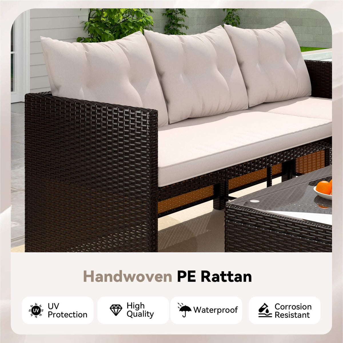 EROMMY 3 Piece Outdoor Patio Furniture Set, All-Weather PE Rattan Sofa Set with Glass Table & Cushions, Khaki