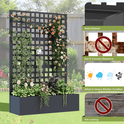 EROMMY Metal Planter Box with Trellis, 71"x 47"x 16" Raised Garden Bed, Planter Box Trellis with Privacy Screen and Drainage Holes, Black