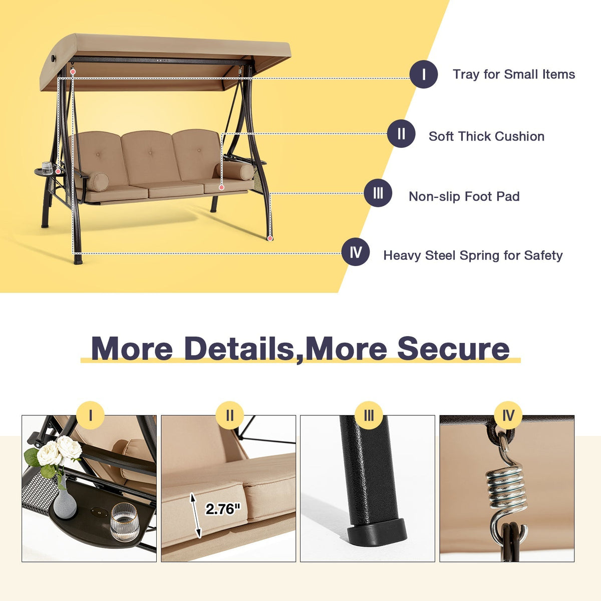 EROMMY 3-Seat Outdoor Porch Swing with Adjustable Canopy and Backrest, Brown
