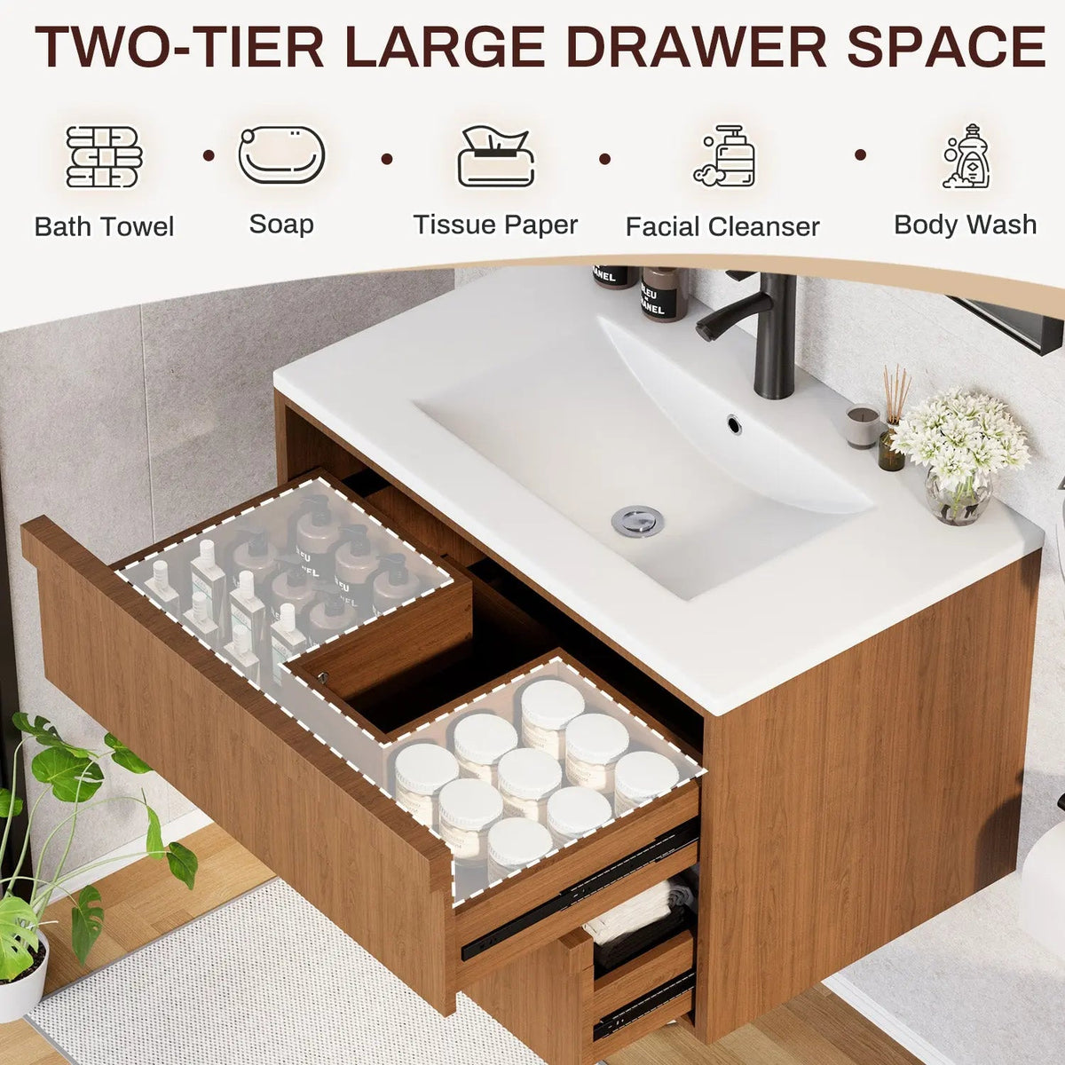 EROMMY 30 Inch Bathroom Vanity with Sink, Floating Bathroom Vanity with 2 Large Storage Drawers, Wood Grain Wall Mounted Bathroom Cabinet, Walnut