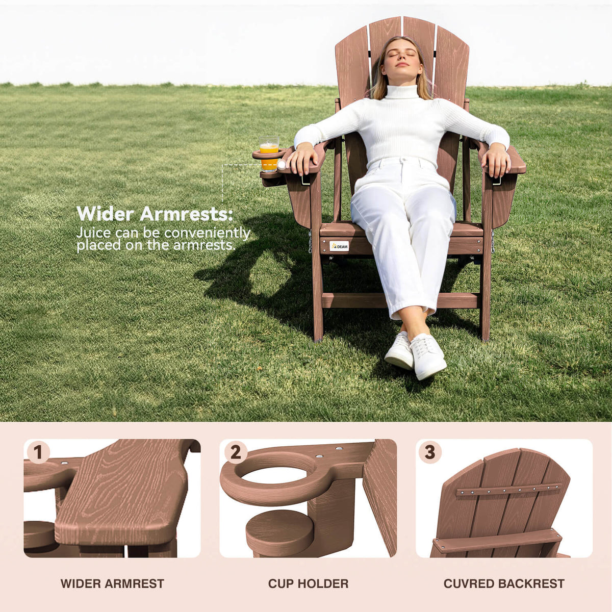EROMMY 3-Position Adjustable Adirondack Chairs Set of 4, 400LBS HDPE Folding Outdoor Chairs with Cup Holder, Teak