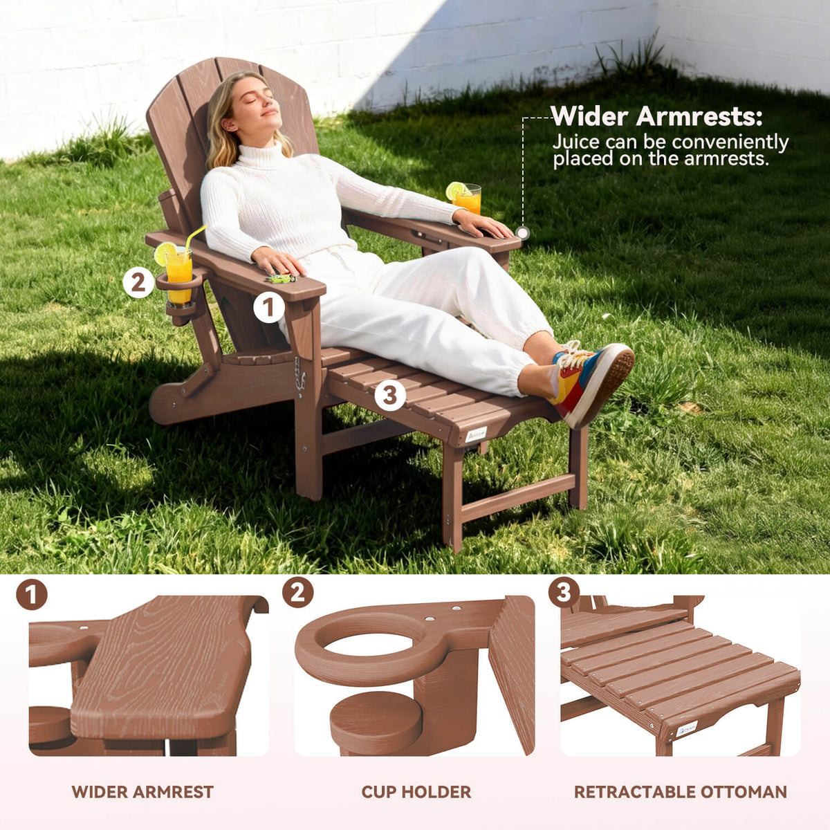 EROMMY 3-Level  Adjustable Adirondack Chair with Retractable Ottoman, Folding HDPE Outdoor Chair with Cup Holders, Teak