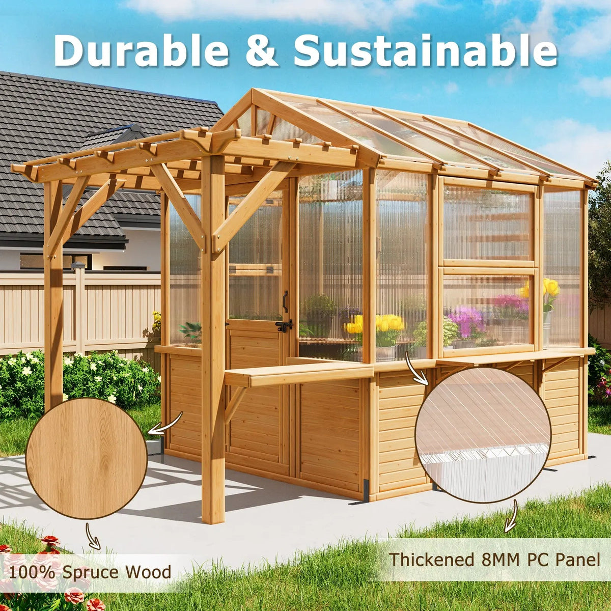 EROMMY 7x11 FT Spruce Wood Greenhouse with Pergola, Walk-in Polycarbonate Greenhouse Kit with Top-Hung Windows