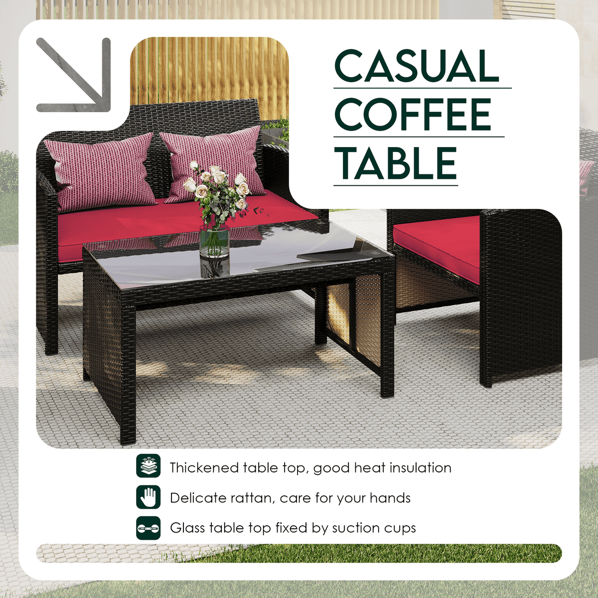 EROMMY 4-Piece Patio Furniture Set, Outdoor Wicker Patio Conversation Set with Cushions, Sofa & Glass Coffee Table, Red