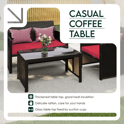 EROMMY 4-Piece Patio Furniture Set, Outdoor Wicker Patio Conversation Set with Cushions, Sofa & Glass Coffee Table, Red