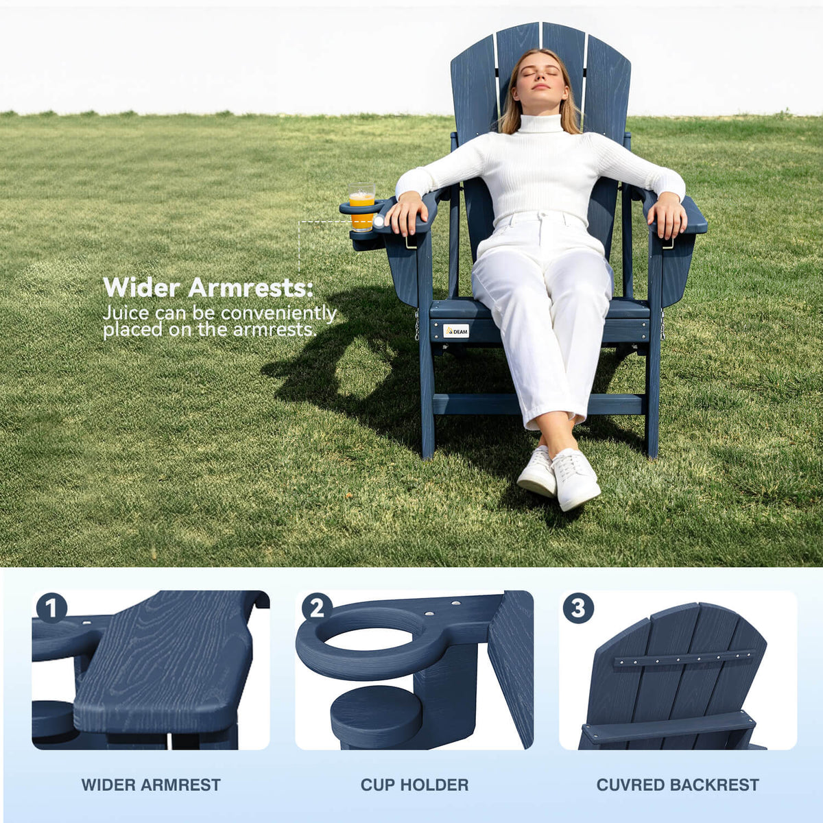 EROMMY 3-Position Adjustable Adirondack Chairs Set of 4, 400LBS HDPE Folding Outdoor Chairs with Cup Holder, Navy Blue
