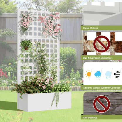 EROMMY Metal Planter Box with Trellis, 71"x 35"x 16" Raised Garden Bed with Trellis, Planter Box Trellis with Privacy Screen and Drainage Holes, White