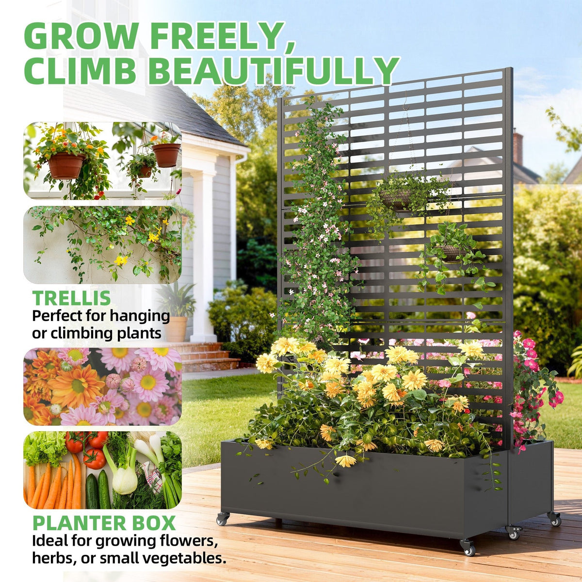 EROMMY Dual Metal Planter Box with Trellis, 73"x47"x31" Raised Garden Bed with Wheels and Drainage Holes, Planter with Trellis for Garden, Balcony & Patio, Black