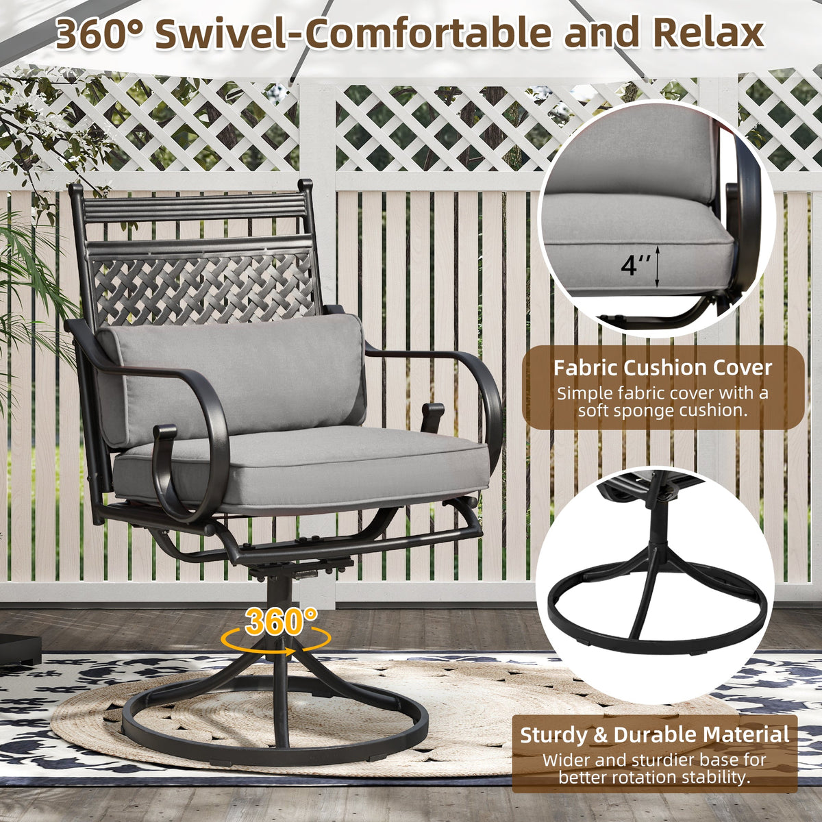 EROMMY Patio Swivel Chair Set of 4, Outdoor Dining Chairs with Cushions for Porch, Deck, and Garden, Gray