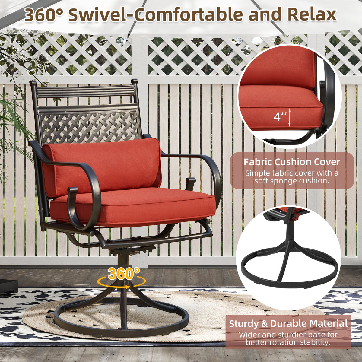 EROMMY Patio Swivel Chair Set of 6, Outdoor Dining Chairs with Cushions for Porch, Deck, and Garden, Red