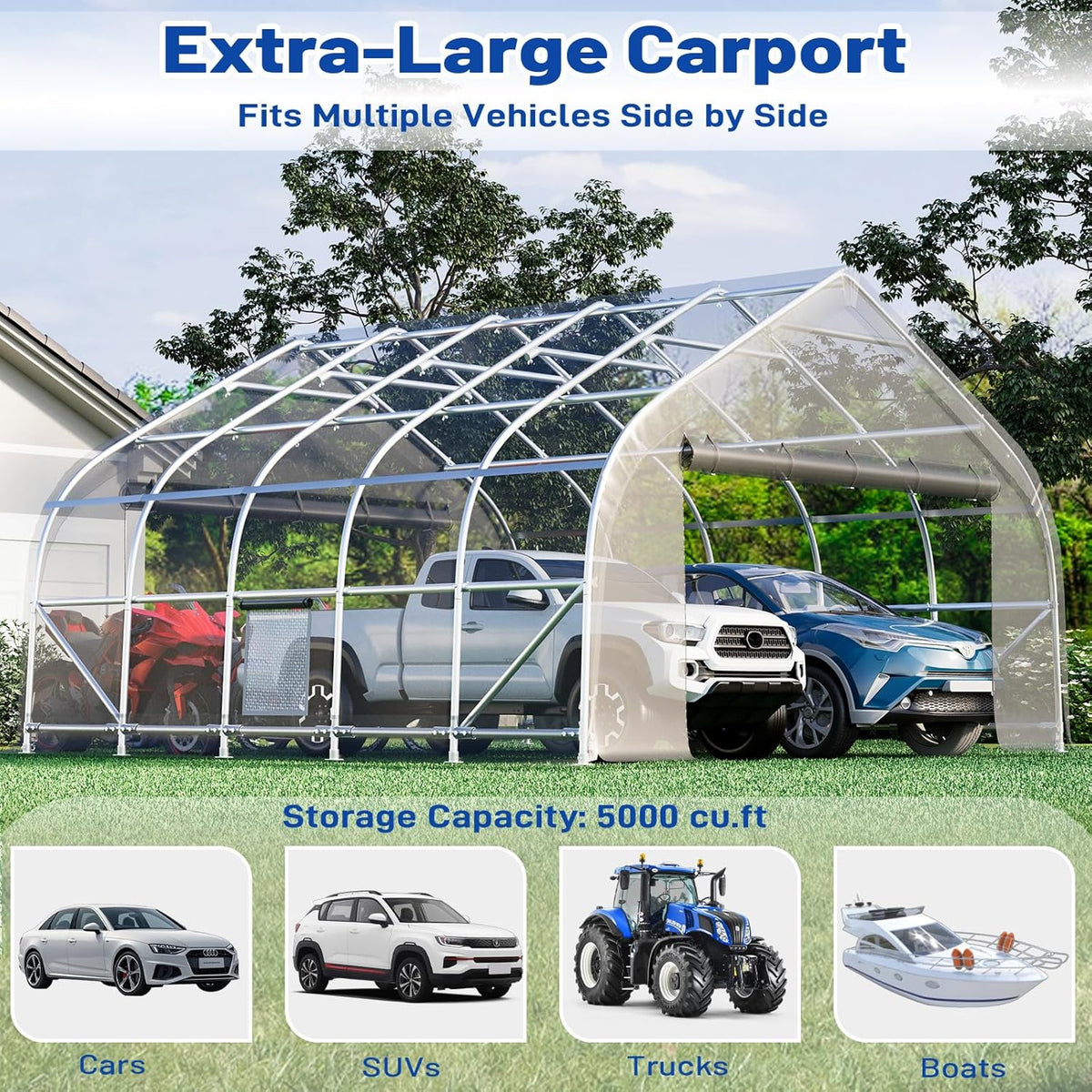 EROMMY 20x20 FT Heavy Duty Durable Carport, Galvanized Steel Frame Garage Shelter and Outdoor Storage, Waterproof 3-Layer PE Cover, Fits 2 Cars, Boat, Farm Equipment, Silver Gray